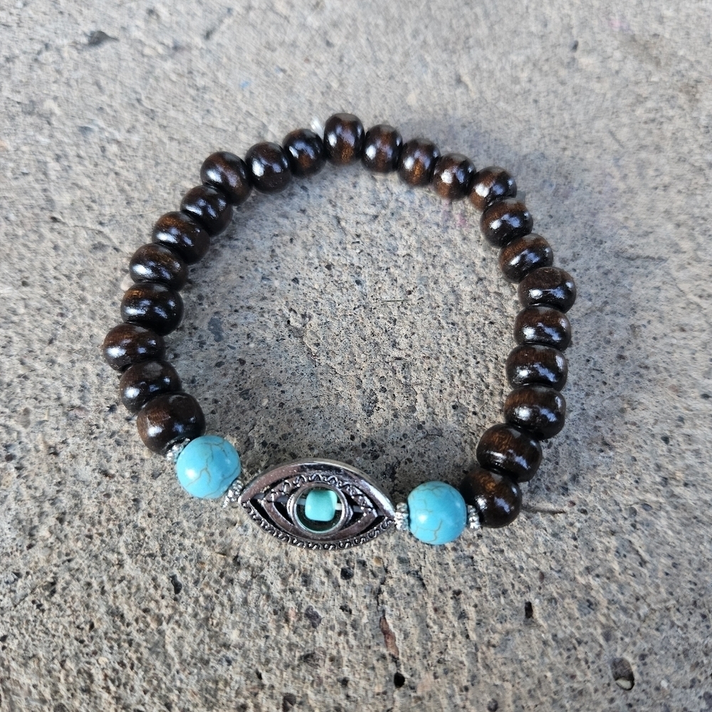 Brown and Turquoise Blue Eye Beaded Bracelet Women's Jewelry Stretchy